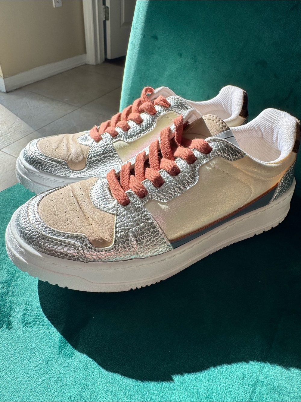 Dolce Vita GREATS Metallic Silver Leather Sneakers Leopard Detail Size 36
